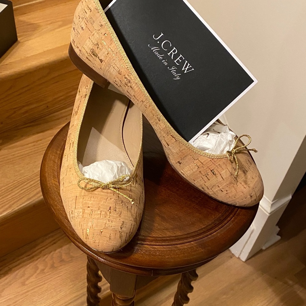 J. Crew Cork Flats with Gold Highlights. Made in Italy. Leather Sole.